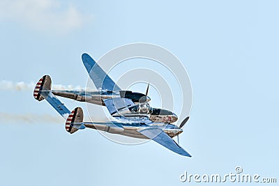 Leszno, Poland - June, 19, 2021: The P-38 Lightning performed at the Antidotum Airshow Leszno. The P-38 Lightning is a World War Editorial Stock Photo