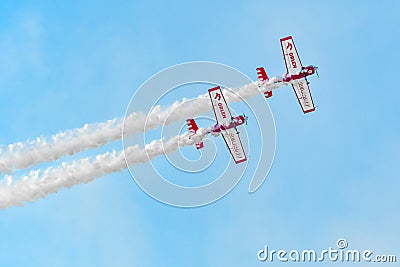 Leszno, Poland - June, 19, 2021: The Zelazny Aerobatic Team Zlin 50LS performed at the Antidotum Airshow Leszno. Zlin 50LS is Editorial Stock Photo