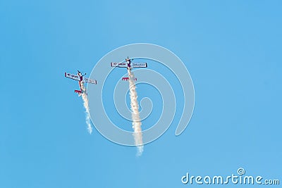 Leszno, Poland - June, 19, 2021: The Zelazny Aerobatic Team Zlin 50LS performed at the Antidotum Airshow Leszno. Zlin 50LS is Editorial Stock Photo