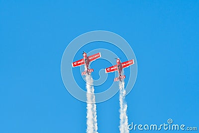 Leszno, Poland - June, 19, 2021: The Zelazny Aerobatic Team Zlin 50LS performed at the Antidotum Airshow Leszno. Zlin 50LS is Editorial Stock Photo