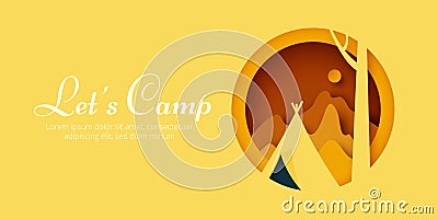 Let` Camping.Summer camp,campfire with yellow tent on forest landscape and mountains background.Adventures in nature and vacation Vector Illustration