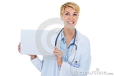 Let her endorse your text. A young female doctor holding up a blank placard. Stock Photo