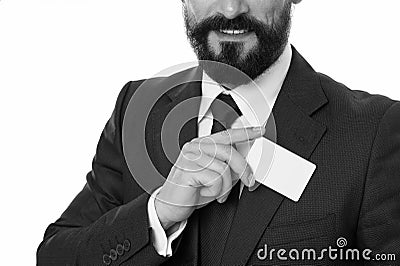 Let me introduce myself. Feel free to contact me. Businessman smiling hold plastic blank white card. Businessman carries Stock Photo