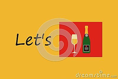 Let`s Christmas. Bottle of champagne and wine glass Cartoon Illustration