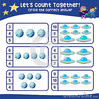 Let’s count together. Circle the correct answer. Mathematic count and circle worksheet. Vector Illustration