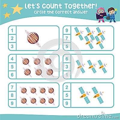 Let’s count together. Circle the correct answer. Mathematic count and circle worksheet. Vector Illustration