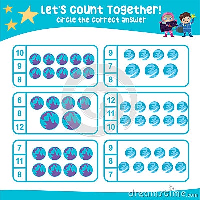Let’s count together. Circle the correct answer. Mathematic count and circle worksheet. Vector Illustration