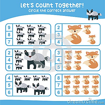 Let’s counting the badgers and foxes together and circle the number on the worksheet. Vector Illustration