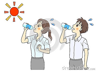 A young couple in short-sleeved shirts drinking water outside Stock Photo