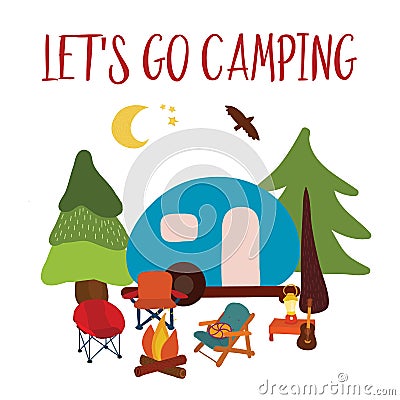 Let`s go camping Travel vector illustration - summer camping. Blue camping van with campfire, chairs and guitar. Forest adventure. Vector Illustration