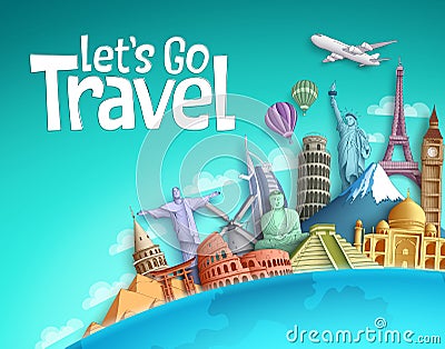 Let`s go travel vector banner background design with world famous travel destination Vector Illustration