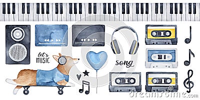 `Let`s Music` illustration pack with funny corgi dog character in earphones, various musical and celebration signs. Cartoon Illustration