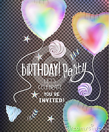 Birthday party banner with colrful heartshape ait balloons cup cakes. Vector Illustration