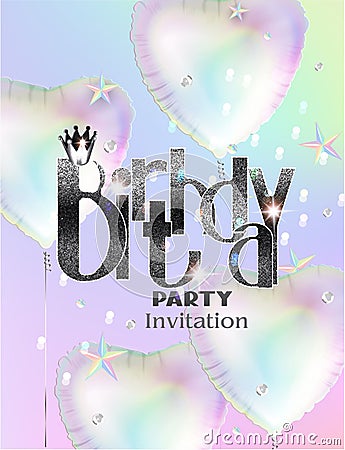 Birthday banner with holographic color heart shaped air balloons and squinses. Vector Illustration