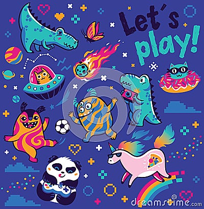 Let`s play. Fantastic animals collection in vector. Cosmic aliens, dinosaurs, cool unicorn, panda gamer Vector Illustration