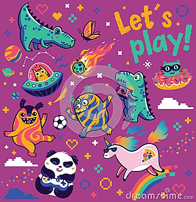Let`s play. Fantastic animals collection in vector. Cosmic aliens, dinosaurs, cool unicorn, panda gamer Vector Illustration