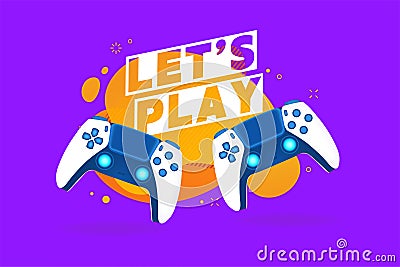 Let`s play text with game controllers or joysticks for game console Vector Illustration