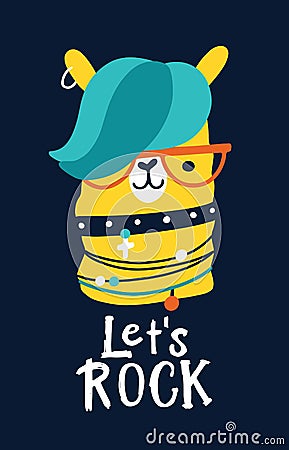 Let's rock. Postcard with lama. Vector cartoon character. Illustration on a dark background for children in the Vector Illustration