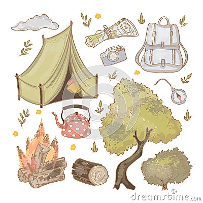 LET`S TRIP Rest At Nature Hand Drawn Vector Illustration Set Stock Photo