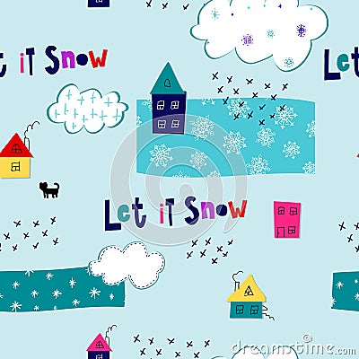 Let it snow flakes fall winter season pattern Vector Illustration