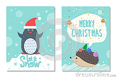 Let Snow Greeting Christmas Card Penguin Hedgehog Vector Illustration