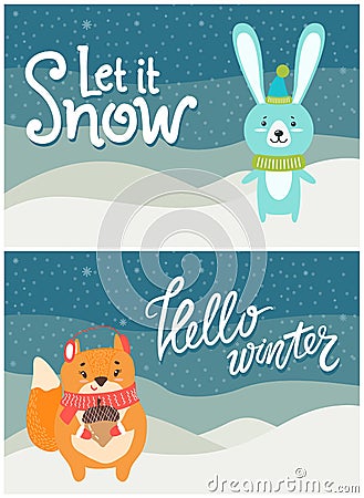 Let it Snow Hello Winter Set of Bright Postcards Vector Illustration