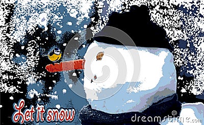 Vector Snowman with bird .Happy new year.Marry Christmas.Let it snow Stock Photo