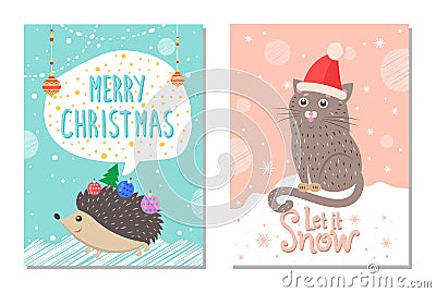 Let it Snow Poster with Hedgehog and Cat in Hat Vector Illustration