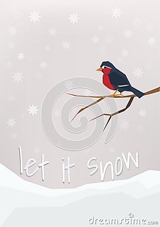 'Let it snow' - winter holidays postcard. Little bullfinch sitting on a bare brunch. Stock Photo