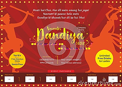 Let us fall in love with big dandiya night print ad template Vector Illustration