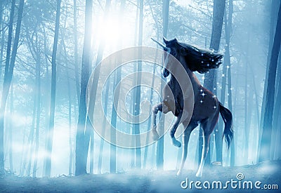 Always let your imagination run wild. Shot of a beautiful unicorn running through a mystical forest. Stock Photo