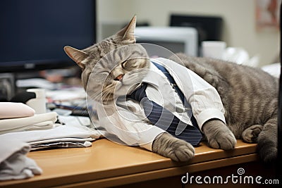 Lethargic Sleepy cat office. Generate Ai Stock Photo