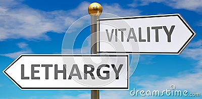 Lethargy and vitality as different choices in life - pictured as words Lethargy, vitality on road signs pointing at opposite ways Cartoon Illustration