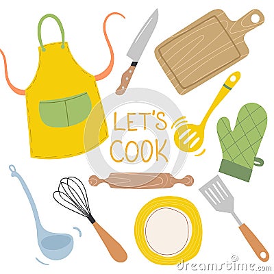 Lets Cook - Kitchen colored doodle. Vector Illustration