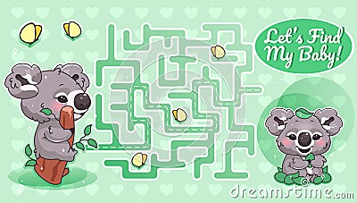 Lets find my baby green labyrinth with cartoon character template Vector Illustration