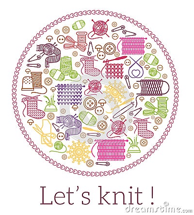 Lets knit. Knitting and needlework sign Vector Illustration
