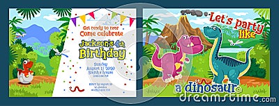 Lets party like dinosaurs birthday colourful card Vector Illustration