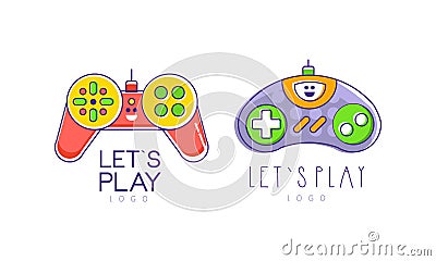 Lets Play Logo Collection, Video Computer Games Labels Outline Vector Illustration Vector Illustration