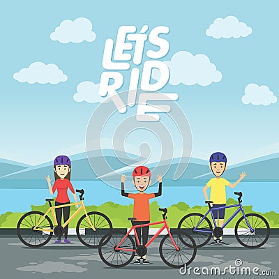 lets Ride Cycle a Group of friends riding bicycles man and woman during a fun bike Vector Illustration