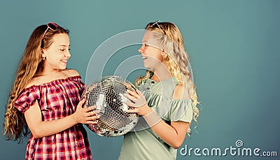 Lets start party. Cheerful kids hold disco ball. Disco dances. Retro music. Mirrors reflecting lights disco atmosphere Stock Photo