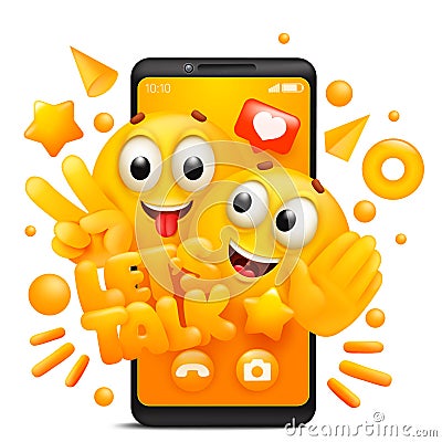 Lets talk sticker. Yellow cartoon couple of emoji characters. Smartphone application template Cartoon Illustration