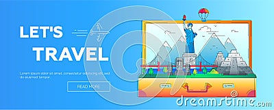 Lets Travel - vector line travel web page header illustration Vector Illustration