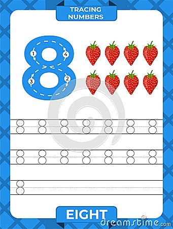Number 8 trace, Worksheet for learning numbers, kids learning material, kids activity page Vector Illustration
