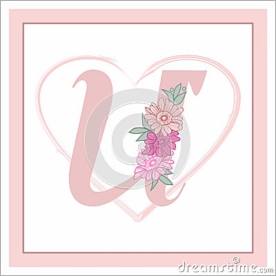 The letter `U` in the alphabet. Decoratively decorated with flowers. Vector Illustration