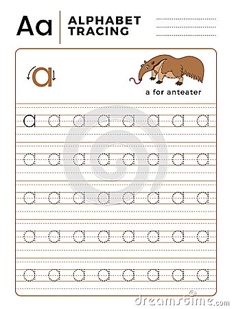 Letter A Alphabet Tracing Book with Example and Funny Anteater Cartoon. Preschool worksheet for practicing fine motor skill. Stock Photo