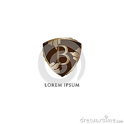 Letter B alphabet logo design template. Luxury Decorative metallic gold shield sign illustration. Initial abjad logo concept Vector Illustration