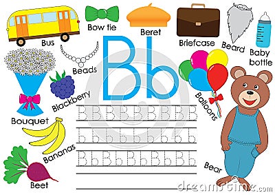 Letter B. English alphabet. Writing practice for children. Kids game. Vector Illustration