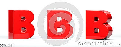 Letter B, of red color in 3 positions. 3d Render illustration at different angles: Front, right side, left side. Cartoon Illustration