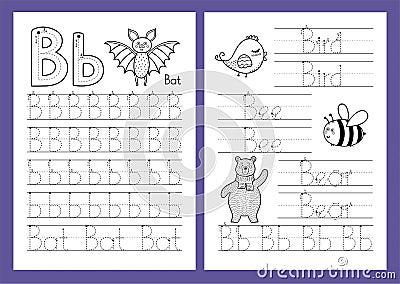 Letter B. Tracing practice worksheet set. Learning alphabet activity page Vector Illustration