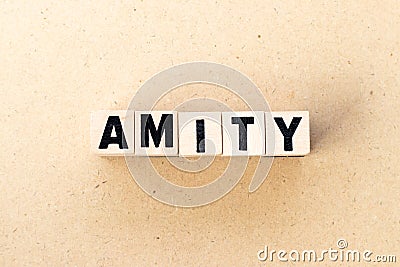 Alphabet letter block in word amity on wood background Stock Photo